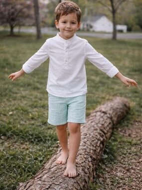 Edgehill Collection Boys White Henley Top with Mint Gingham Shorts